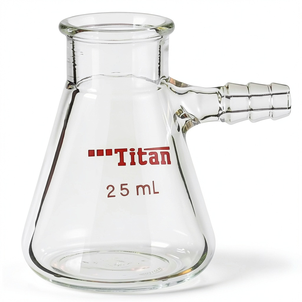 ADAMAS-BETA 25ml Filter Flask showing borosilicate glass construction and heavy-wall design