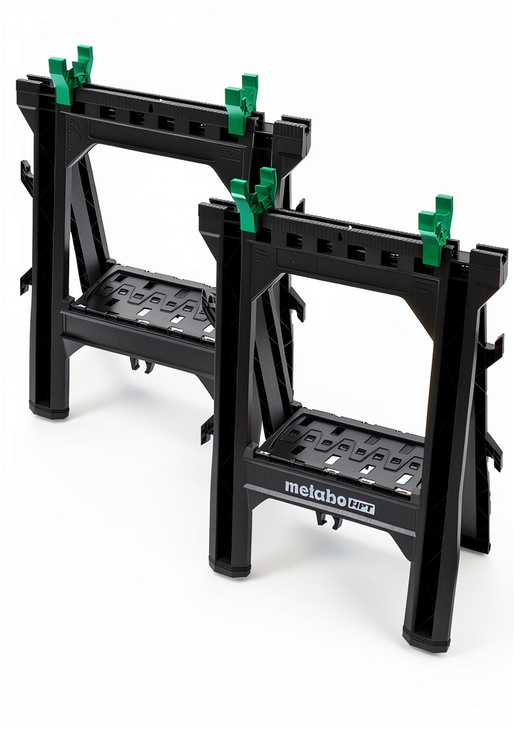 Koki sawhorses supporting lumber on a construction site